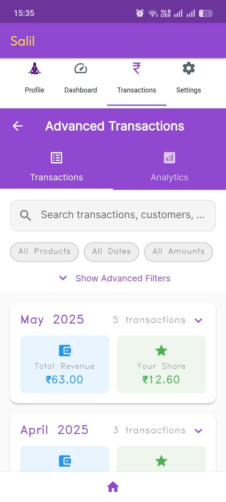 AstroVista advanced transactions dashboard