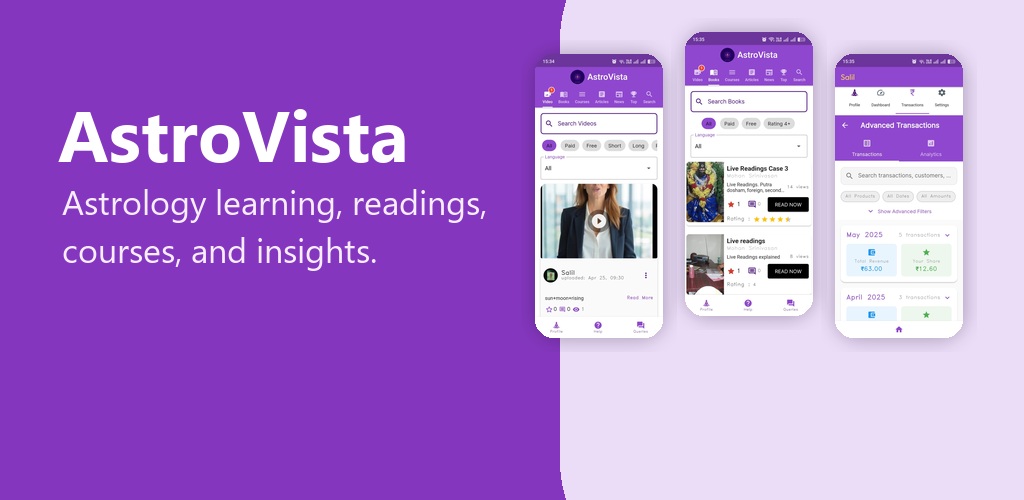 AstroVista app preview with astrology learning and transaction screens
